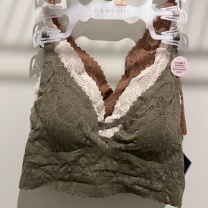 Danskin Women's Lace Bralette Trio - Olive, Cream, Brown